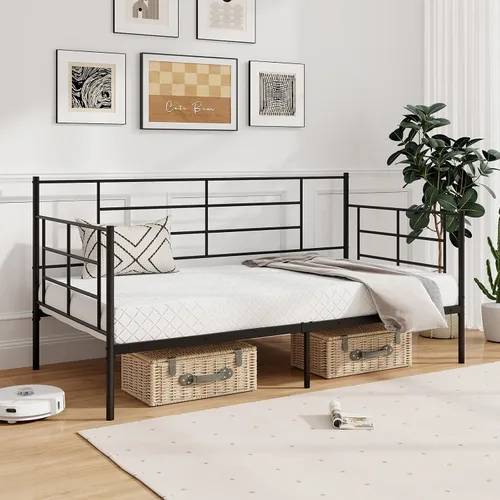 Vista 9 de Giantex Marco de cama de metal tamaño individual, cama de día con soporte de listones de metal y barandillas de 3 lados, sofá cama 2 en 1 que ahorra