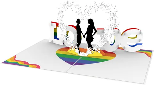 Vista 4 de iGifts And Cards Tarjeta emergente de corazón lesbiana 3D – Escultura de amor es amor para el mes del orgullo, salir y día de San Valentín – Regalo