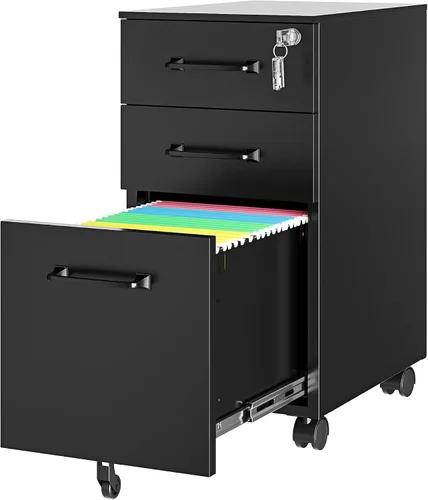 Vista 32 de Archivador de metal con 2 cajones con cerradura, gabinete archivador con soporte para impresora móvil y estantes para archivos de tamaño Negro