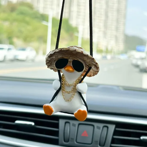 Vista 6 de 2 piezas de adorno colgante de auto de pato oscilante, lindo adorno colgante de auto de pato oscilante, decoración interior, espejo retrovisor