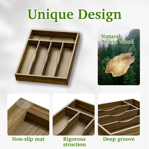 Vista 5 de Kiasthome Organizador de Cajón de Cubiertos de Madera de Acacia, Organizador de Cajón de Utensilios de Cocina con Divisores Ranurados, Organizador