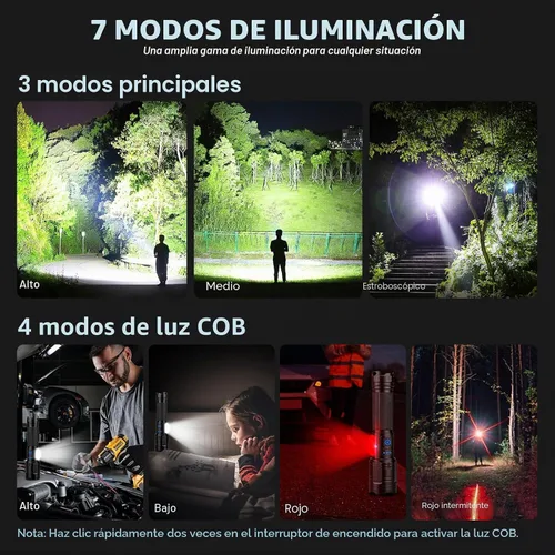 Vista 5 de Linterna recargable de 99,000 lúmenes altos, 7 modos de luz LED con COB, potente linterna de mano para el hogar, campamento (paquete de 2)