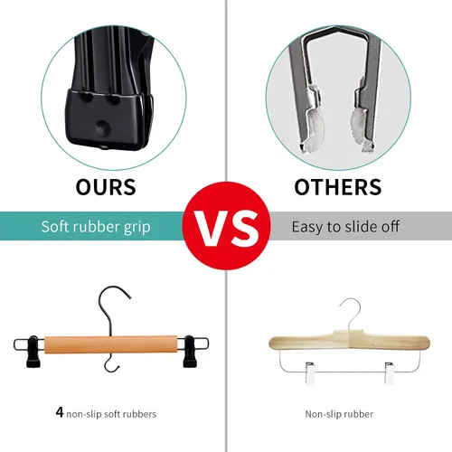 Vista 4 de Perchas de madera prémium para pantalones, paquete de 10 perchas para faldas con dos clips de agarre seguro, gancho giratorio con cancelación