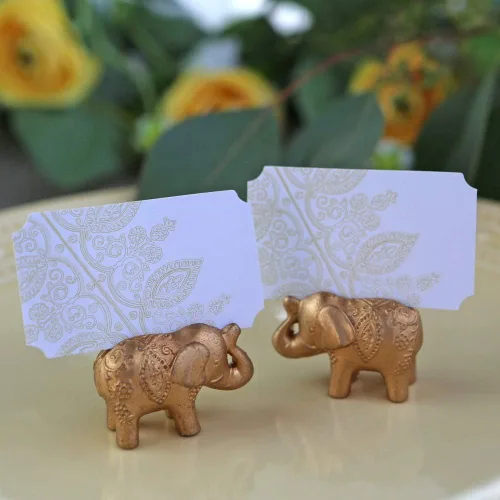 Vista 5 de Kate Aspen Lucky Golden Elephant - Portatarjetas de lugar, soportes para fotos, recuerdos de fiesta, decoraciones de boda india, tarjetas