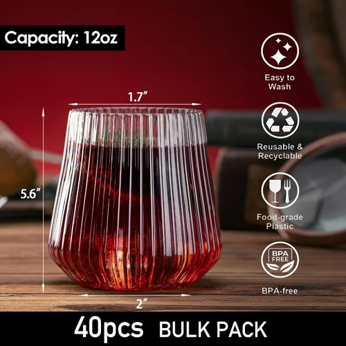 Vista 2 de 40 vasos de vino desechables sin tallo, vasos de vino de plástico de 12 onzas, vasos irrompibles de estilo origami, vasos de cóctel acrílicos