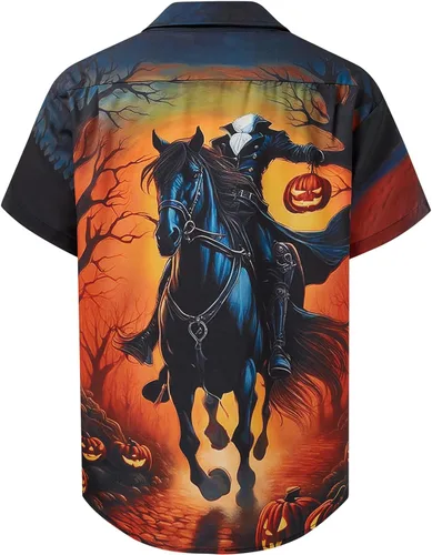 Vista 31 de Camisa de Halloween para Hombre de Hardaddy, de Manga Corta, con Botón, con Estampado Gracioso, Camisa Casual Negro