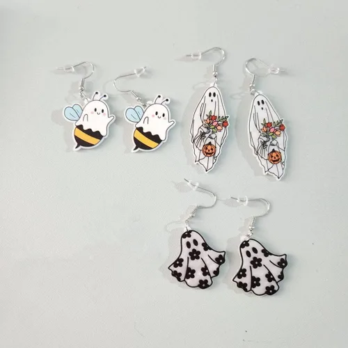 Vista 3 de Aretes colgantes de acrílico de acetato de calabaza, fantasma, murciélago, colgante, creativo, palma, globo ocular, telaraña, para mujeres y niñas
