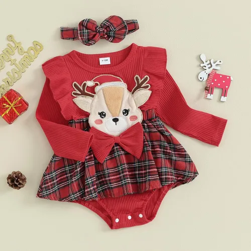Vista 2 de Douhoow Conjunto de traje de Navidad a cuadros para bebé recién nacida, camiseta de manga larga, pantalones cortos con tirantes y diadema, 3