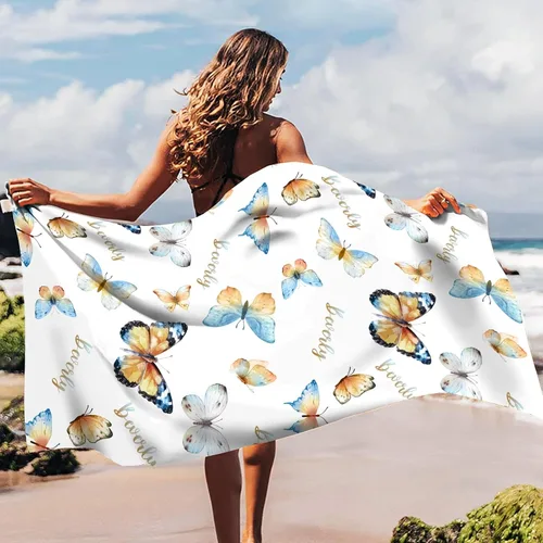 Vista 3 de Toalla de playa personalizada con nombre personalizado, secado rápido, niños adultos A-mariposas