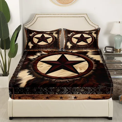 Vista 3 de Erosebridal Sábanas de cama de vaca tamaño individual para decoración rústica, sábana bajera ajustable de estrellas del oeste de Texas para vaquera