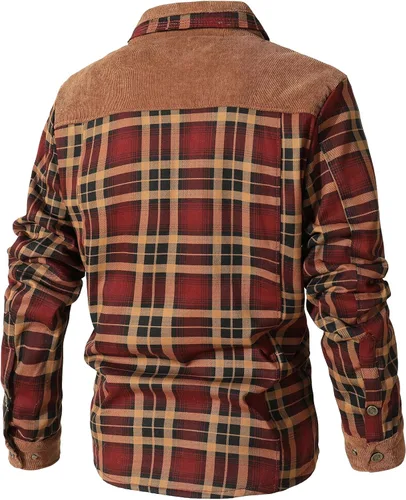 Vista 3 de Zaitun Camisa de franela de pana con forro de sherpa para hombre, chaqueta de manga larga con botones, abrigo de forro polar para hombre con bolsillo