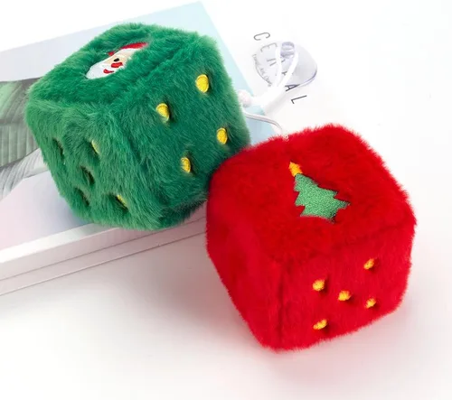 Vista 5 de Dados peludos de Navidad para espejo retrovisor del automóvil, diseño bordado de Papá Noel y árbol, decoraciones colgantes de felpa roja y verde