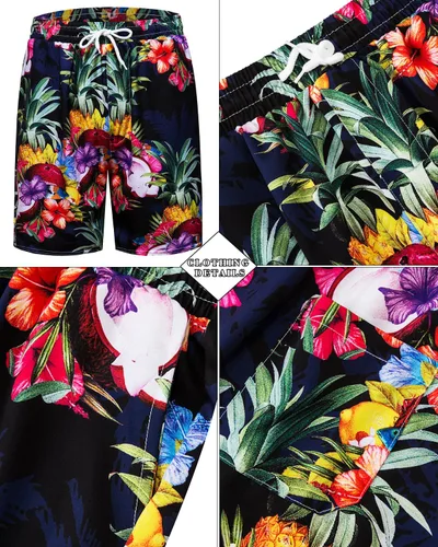Vista 19 de TUNEVUSE Conjunto de camisas y pantalones cortos hawaianos para hombre, 2 piezas, trajes de playa con estampado de flores, traje tropical de verano