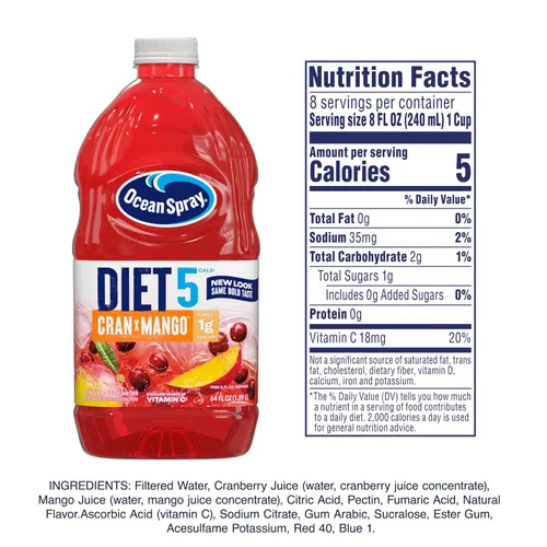 Vista 2 de Ocean Spray Diet - Bebida de jugo de mango y arándano, botella de 64 onzas líquidas (paquete de 8)
