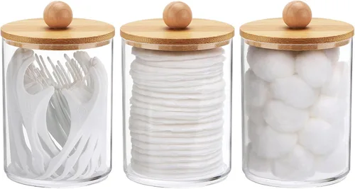 Vista 9 de Tbestmax Tarros de baño con soporte Qtip de 10 onzas para hisopos de bolas de algodón, dispensador de almacenamiento, tapa de bambú (paquete de 2)