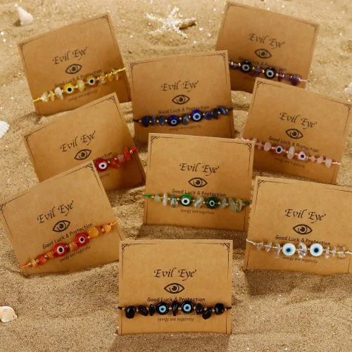 Vista 4 de Pulsera de cuentas de cristal de mal de ojo irregular, hecha a mano, ajustable, multicolor, multicolor, cuerda de cuerda inspiradora, amuleto
