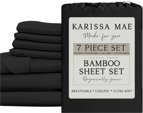 Vista 102 de KARISSA MAE Juego de sábanas de viscosa de bambú de lujo, 100% certificado FSC, refrescante, lujosamente suave, bolsillos profundos de 18 pulgadas