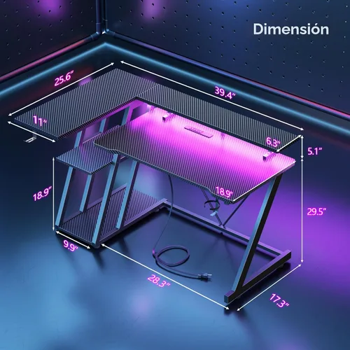 Vista 2 de Korfile Escritorio para juegos de 40 pulgadas con toma de corriente y luces LED, mesa de juegos para computadora en forma de L con estantes