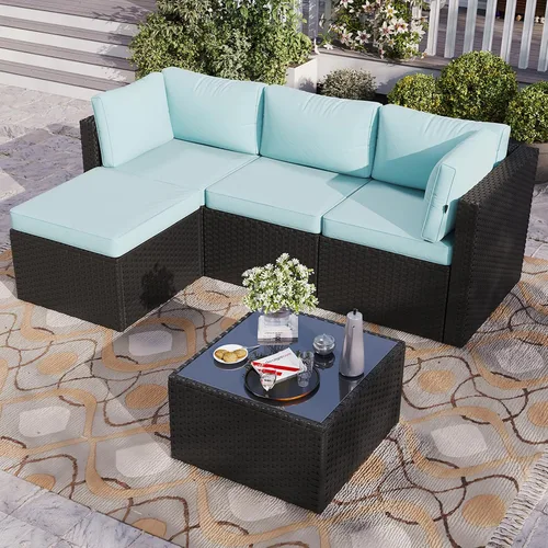 Vista 9 de Aoxun Juego de muebles de patio de 5 piezas, sofás seccionales para exteriores con cojín lavable, juegos de conversación de mimbre para patio Beige