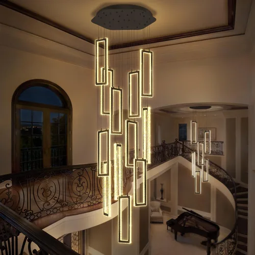 Vista 11 de ykolupty Moderno candelabro LED ajustable colgante negro lámpara colgante 3 luces rectangulares candelabros para cocina, escalera de isla comedor