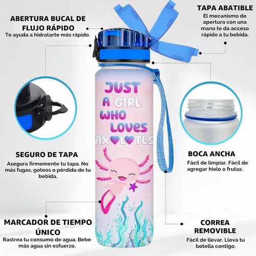 Vista 2 de 34HD Axolotl - Botella de agua de 32 onzas, bonita botella motivacional para mujer, botella de gimnasio con marcador de tiempo, regalo