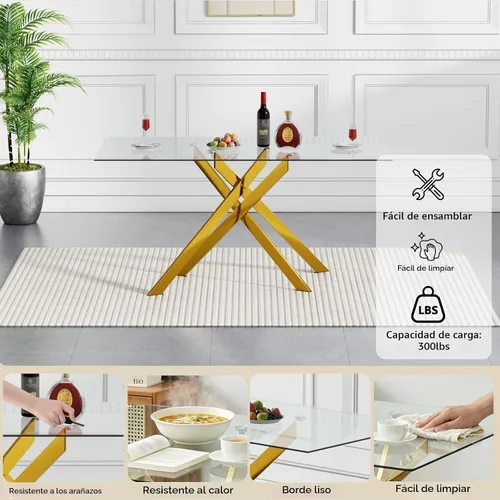 Vista 5 de Juego de mesa de comedor de cristal de 5 piezas para 4, moderno juego de mesa de cocina rectangular de vidrio templado transparente de 51.18