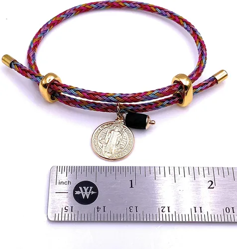 Vista 5 de Pulsera chapada en oro de 18 quilates de San Benito con dije de piedra auténtica de azabache Adjustable Cuerda Chapado en oro