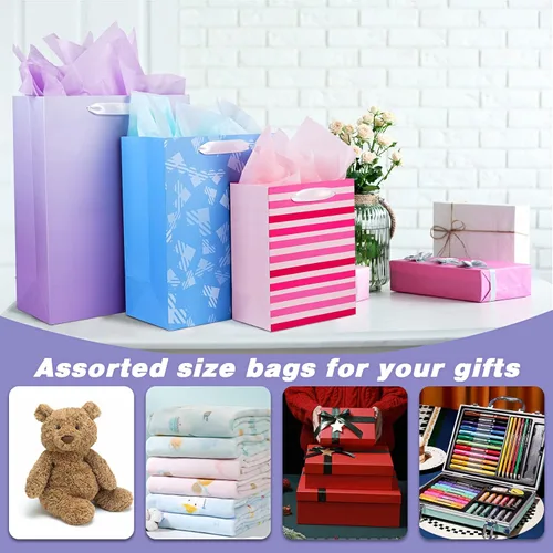 Vista 7 de Paquete de 12 bolsas de regalo de varios tamaños y diseños, bolsas de regalo a granel con papel de seda