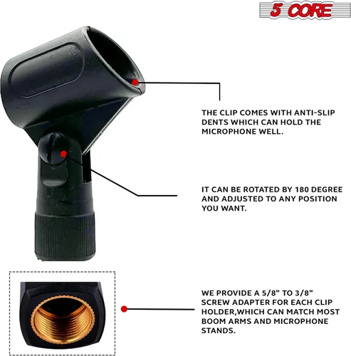 Vista 7 de 5 Core Clips de micrófono para soportes, 6 piezas, soporte universal ajustable con adaptadores de tornillo de 5/8 a 3/8 pulgadas, fácil instalación