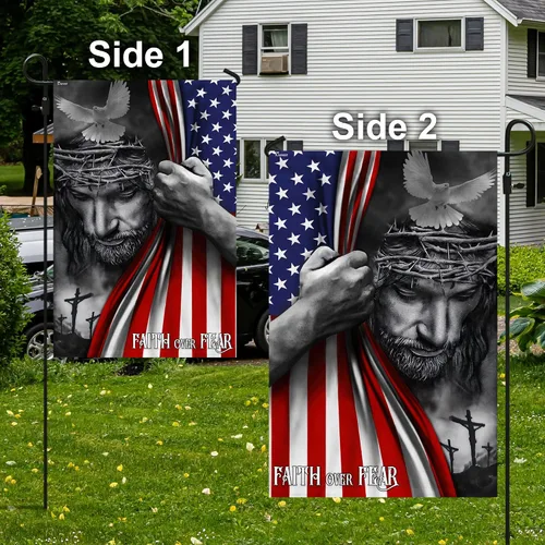 Vista 3 de FLAGWIX Bandera de Estados Unidos Christian Patriot – Bandera de Faith Over Fear God Jesus – Bandera de jardín de 12 x 18 pulgadas, decoración del 4
