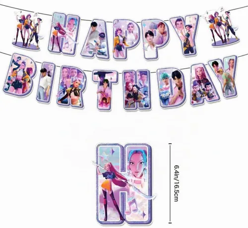 Vista 2 de For K Pop Demon Happy Birthday Banner, Party Decoration With 6 Vortex Decorative Pendants