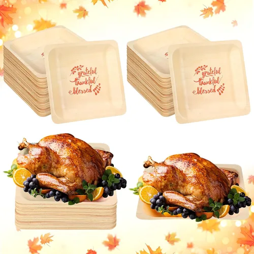 Vista 9 de Yaomiao 50 platos desechables de madera de otoño de 7 x 7 pulgadas, con estampado de Gobble Til You Wobble, platos cuadrados desechables de madera