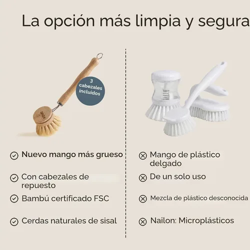 Vista 5 de Vove Cepillo de bambú para platos con 3 cabezales de repuesto, cepillo de cocina sin plástico para ollas, sartenes y platos, mango de bambú