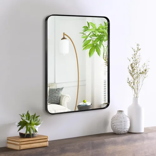 Vista 9 de Espejo arqueado negro de 16" x 20", espejo de pared para baño con arco, espejo de tocador de baño con marco de metal y parte superior arqueada