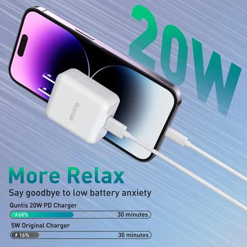 Vista 2 de Quntis - Cargador rápido para iPhone, certificado por MFi - 18W USB C con cable cargador de pared de alimentación de corriente de 6 pies de cable