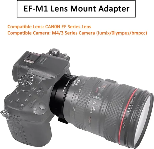 Vista 4 de Adaptador de lentes de enfoque automático EF-M1 de metal compatible con lentes Canon EF para cámaras Iumix/oIympus/bmpcc Micro Cuatro Tercios (M4/3)