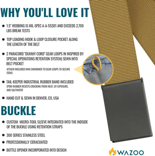 Vista 5 de WAZOO Cinturón antirrobo, cinturón de transporte diario para viajes y exteriores, hebilla de acero inoxidable, manga oculta, fabricado en Estados