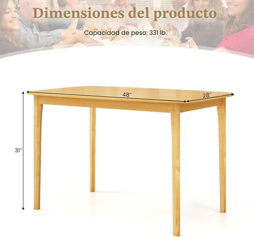 Vista 3 de COSTWAY Mesa de comedor, mesa de cocina rectangular de madera de 48 pulgadas con patas de madera de goma maciza, amplia mesa para cocina, comedor