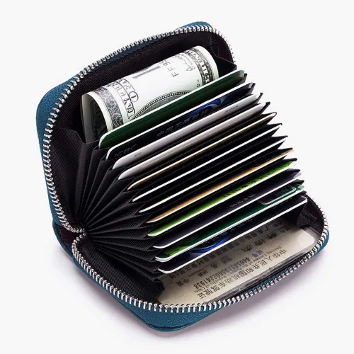 Vista 4 de Tarjetero RFID de cuero genuino para tarjetas de crédito con cremallera, Moderno