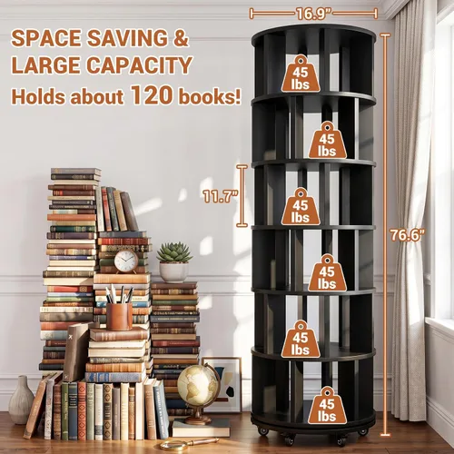 Vista 2 de Besiost 6-Tier Rotating Bookshelf Tower, Solid Wood 360° Revolving Bookcase Round Spinning Book Shelf Organizer on 6 Wheels, Narrow Rolling
