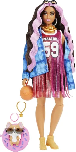 Vista 7 de Barbie Muñeca extra y accesorios con pelo rubio extra largo con traje floral y poncho con conejito de mascota