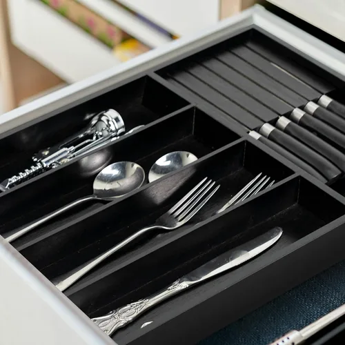 Vista 6 de VaeFae Organizador de cubiertos de bambú, soporte para utensilios para cajón, bandeja de cubiertos de madera con separador para cajón de cocina