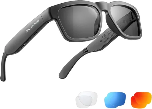 Vista 12 de OhO gafas inteligentes, gafas de sol polarizadas con altavoz Bluetooth, protección UV para atletismo/aire libre y control de voz, unisex (lente gris)