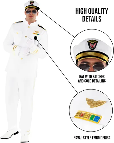 Vista 3 de Morph - Disfraz de capitán de barco para hombre - Disfraz de capitán de barco, disfraz de capitán de la marina de guerra, disfraz de capitán de yate