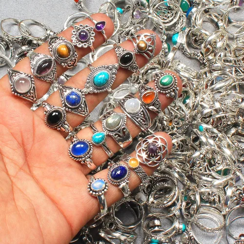Vista 6 de Juego al por mayor de anillos hechos a mano chapados en plata para mujeres niñas apilables vintage midi anillos de dedo tamaños USCA 6-10 anillos
