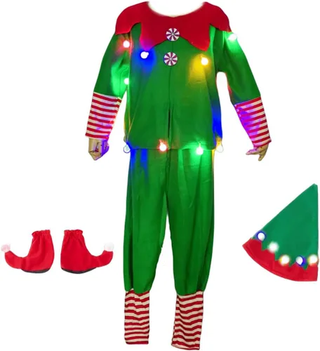 Vista 4 de LEDPATY Disfraz de elfo de Navidad para niños y adultos, disfraz de ayudante de Papá Noel para niñas, niños, hombres y mujeres