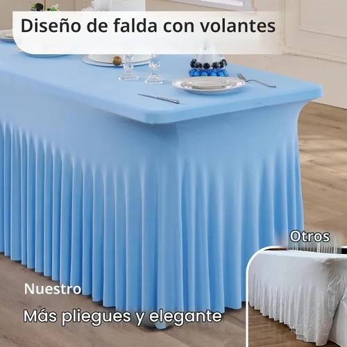 Vista 2 de Paquete de 2 manteles de elastano azul bebé de 6 pies con falda de mesa con volantes, manteles ajustables elásticos sin arrugas para mesas