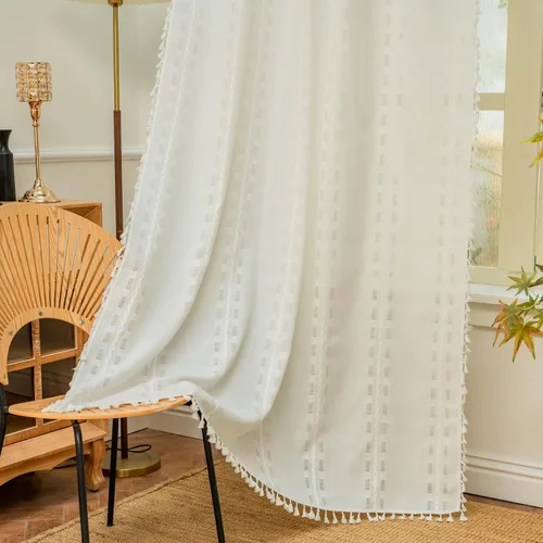 Vista 8 de Deeprove Cortina Boho de 96 pulgadas de largo para sala de estar, dormitorio, guardería, lino café semi-transparente transpirable de 96 pulgadas
