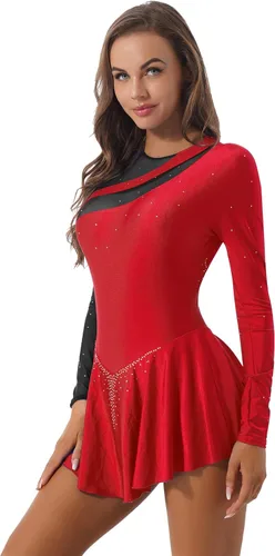 Vista 2 de Disfraz de baile lírico para mujer, manga larga, malla, vestido de patinaje artístico, espalda descubierta, leotardo de ballet
