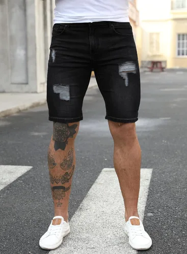Vista 8 de JMIERR Pantalones cortos de mezclilla para hombre, estilo casual, elásticos, ajustados, lavados, desgastados, enrollados, rasgados, para hombre